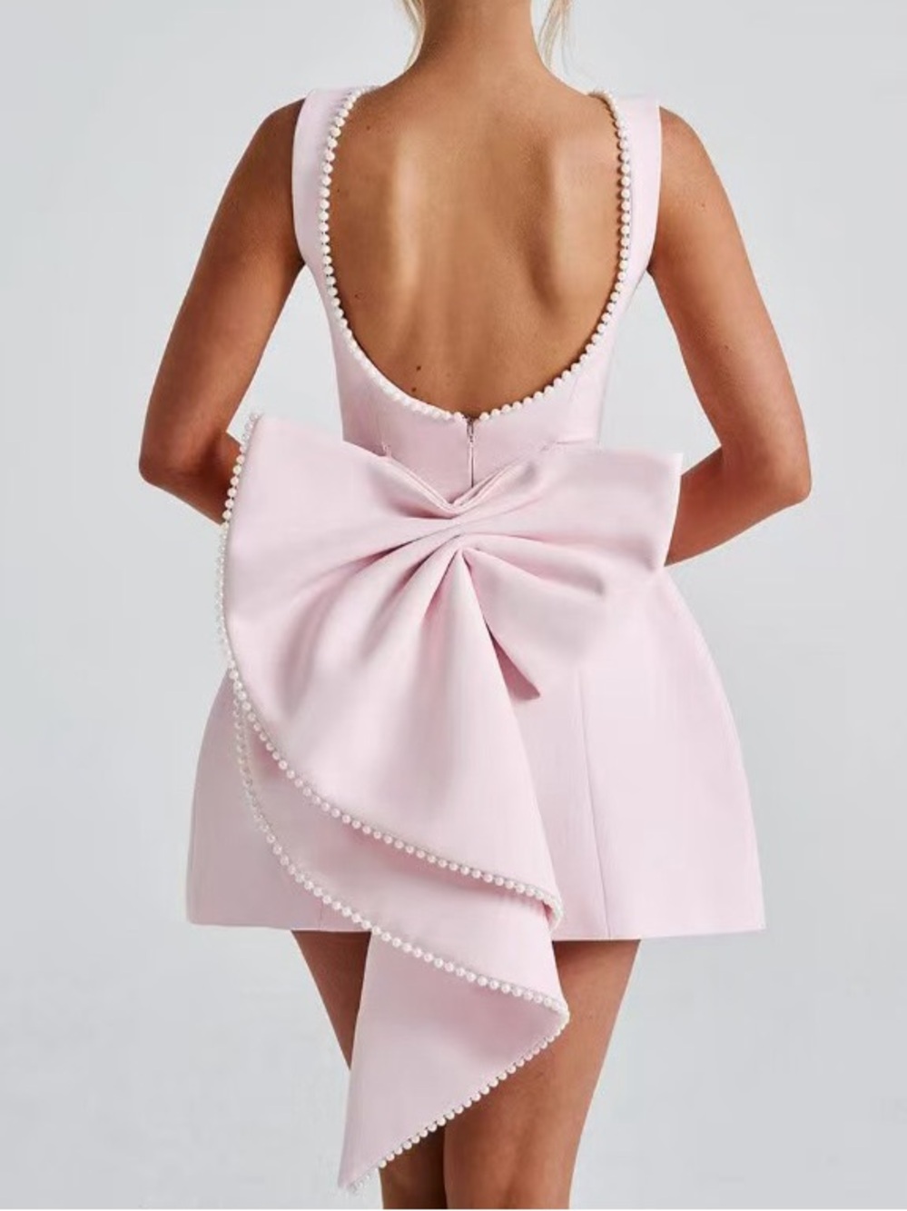 💝Pearl-Trim Light Pink Bow-Back Mini Dress